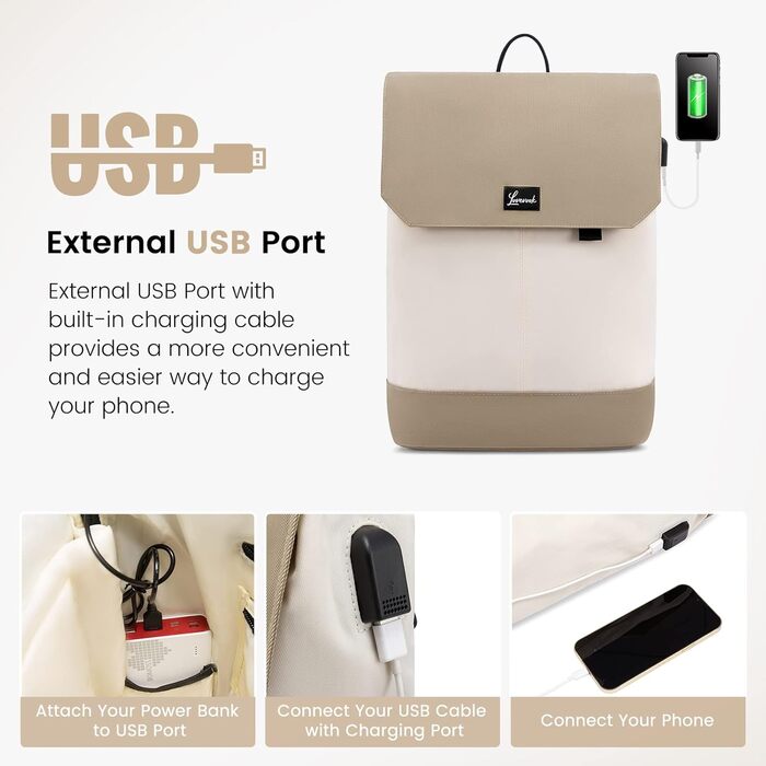Рюкзак для дівчат-підлітків LOVEVOOK 15,6'' з USB, антивикрадальний, для школи та ноутбука, бежевий