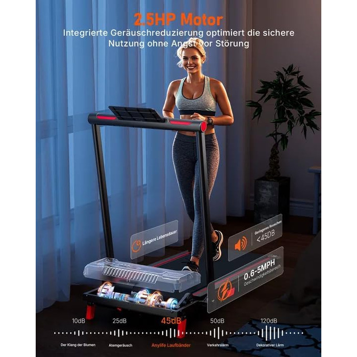 Біговий доріжка AnyLife для дому, компактний Walking Pad з регулюванням нахилу, LED-дисплеєм, чорний (150 кг)