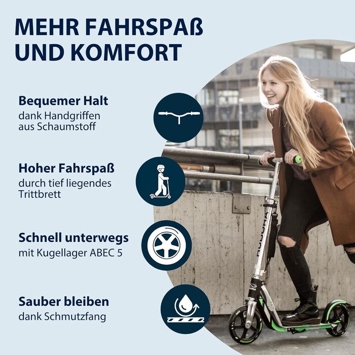 Самокат HUDORA BigWheel 205 алюмінієвий, складаний, міський, для дітей та дорослих, регульована висота, до 100 кг