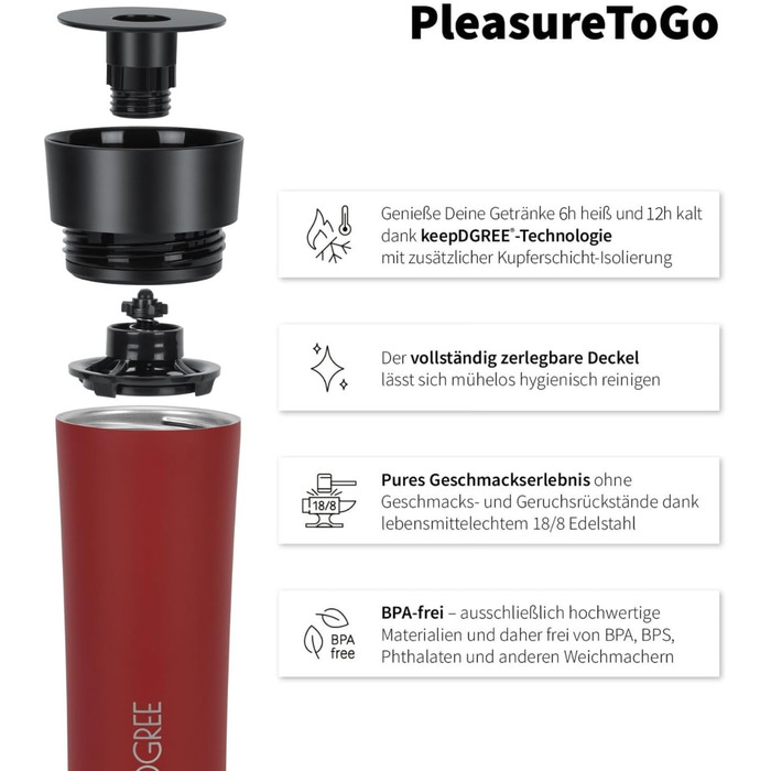 Термочашка 720°DGREE PleasureToGo 2.0, 460 мл, нержавіюча сталь, ізольована, герметична, BPA Free, зелена, для кави та напоїв, з 360° отвором, зберігає тепло 6 годин, холод 12 годин