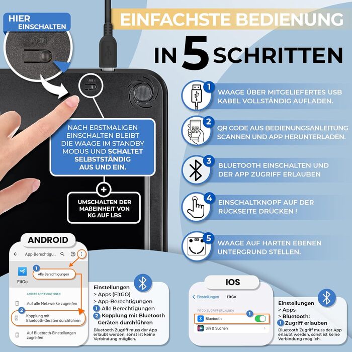 Вага для аналізу складу тіла Heimwert з Bluetooth, USB-зарядкою та додатком - персональна вага для вимірювання жиру