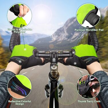 Велосипедні рукавички COFIT з повним пальцем з підтримкою сенсорного екрану для чоловіків та жінок – дихаючі, амортизуючі рукавички з гелевою підкладкою та неслизьким зчепленням для MTB та шосе, зелені, розмір S