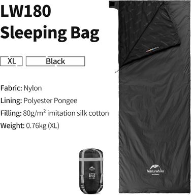 Спальний мішок Naturehike Ultraleicht: ультралегкий, компактний, для 3 сезонів, 190x75/205x85 см, вага 680/760 г, для походів, кемпінгу, рюкзаків, чорний, XL