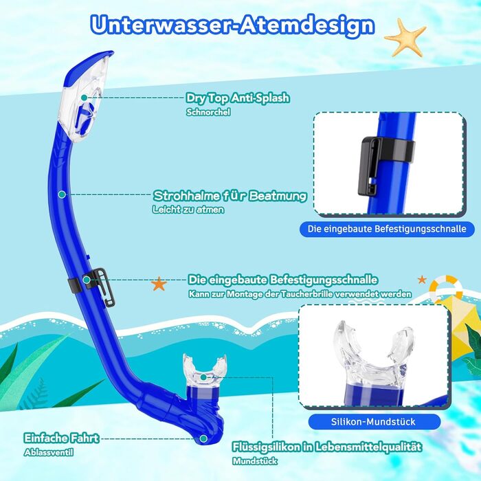 Набір для снорклінгу для дітей з ластами, маска з панорамою 180° та сухим снорклом, блакитний