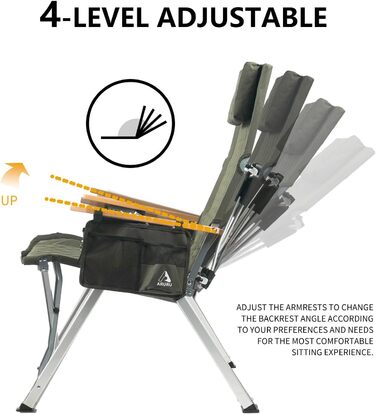 Крісло для кемпінгу складне, з високою спинкою, регульована спинка в 4 положеннях, до 150 кг, для саду, риболовлі, відпочинку на природі (зелене)