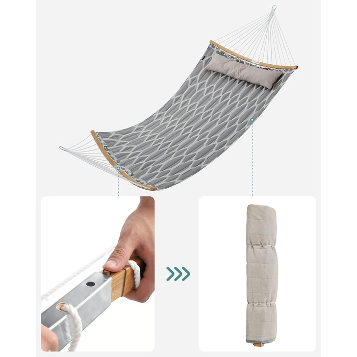 Гаммак SONGMICS з подушкою, стежка, з бамбуковими стійками, з підголівником, 200 x 140 см, до 225 кг, сіро-бежевий ромбовидний GDC034G02