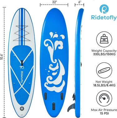 Надувна SUP-дошка Ridetofly SU01, комплект для веслування, йоги та риболовлі, синя, 27,7 x 81,3 x 15,2 см