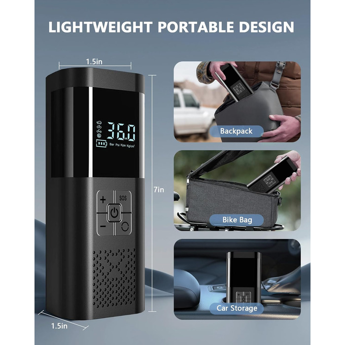 SERVOMASTER Електрична повітряна помпа з манометром, портативний міні-компресор, акумулятор 150PSI, LED-підсвічування, для авто, мотоцикла, велосипеда, м'ячів (чорний, сірий, бездротовий)