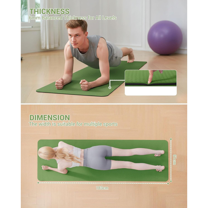 Килимок для гімнастики, йоги та фітнесу: тренувальний мат з неслизькою поверхнею 183 x 61 x 0.6 см (зелений/чорний)