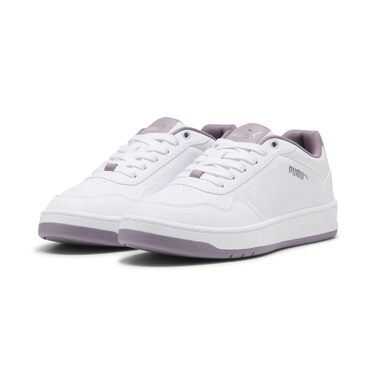 Жіночі кросівки PUMA Court Classy Basic — білі зі сріблястими та сливовими деталями, розмір 39 EU