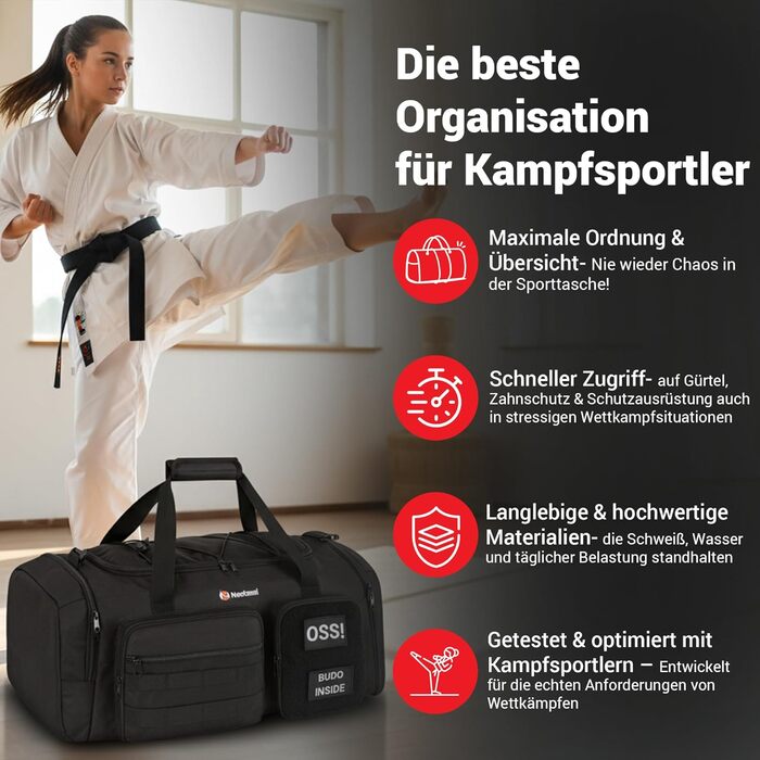 Спортивна сумка для бойових мистецтв 50L чорна для дзюдо, джиу-джитсу, карате з окремими відділеннями та відділенням для взуття