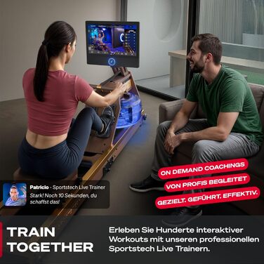 Гребний тренажер Sportstech AquaElite з водяним опором для дому, з LED-дисплеєм, обертається на 360°, дерев'яний (дуб), складний, з сертифікатом FSC®