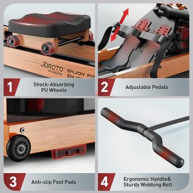 Гребний тренажер JOROTO MR280PROB для дому з дуба, з Bluetooth, складний, з дисплеєм та підтримкою Kinomap, регульований тримач для планшета, до 150 кг