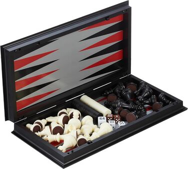 Шахи Relaxdays 3-в-1: шахи, шашки, нарди. Магнітний, складаний, 32x32 см, чорний/білий