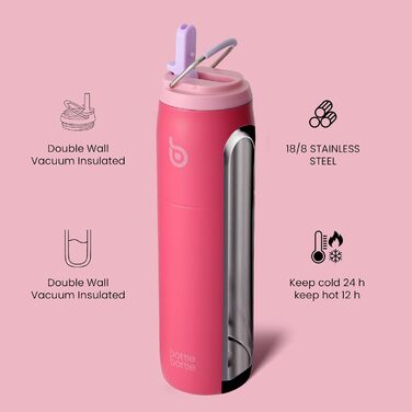 Термос пляшка bottlebottle 946 мл з нержавіючої сталі з трубочкою та ручкою, подвійні стінки, для спорту, подорожей, фітнесу, рожевий, BPA-free