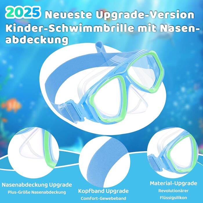 Дитячі окуляри для плавання Vvinca з захистом носа та текстильним ремінцем, ударостійкі, проти запотівання та водонепроникні, для дітей 3–14 років (03-Blue Green)
