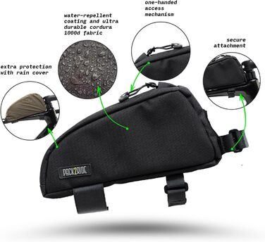 Велосумка PACK2RIDE Onedrop на раму, водостійка Cordura, 1.2 л, чорна – верхня трубка, для велоподорожей, байкпакінг