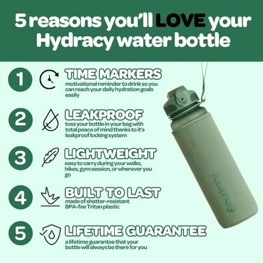 Пляшка для води Hydracy з трубочкою та часовими мітками 1 л, спортивна, без BPA, проти протікання, конденсату, для спорту та активного відпочинку, зелена «Місячне сяйво»