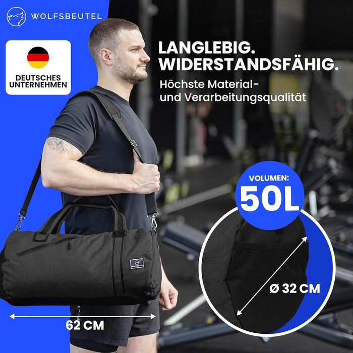 Сумка WOLFSBEUTEL 30 л спортивна та дорожня для жінок і чоловіків з відділенням для взуття й мокрих речей, водонепроникна, з плечовим ременем, чорна