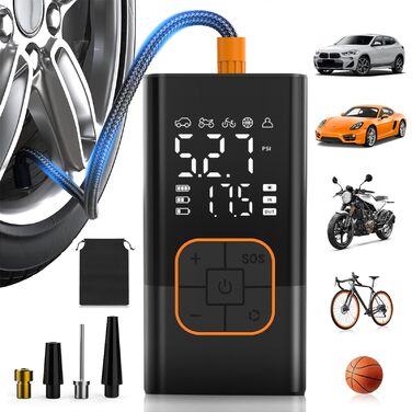 Електрична повітряна помпа, бездротова помпа для шин велосипеда з цифровим манометром (150 PSI), LED-ліхтар, для авто/велосипеда/мотоцикла/м'яча
