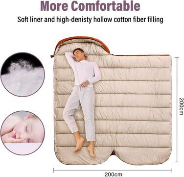 Спальний мішок BISINNA XXL для великих дорослих, 3-4 сезони, зимовий, теплий, для кемпінгу, оранжевий, 1.5 кг