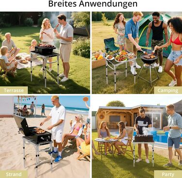 Стіл для кемпінгу Anbte Grilltisch 58x40 см, металевий, з регульованою висотою (26/48/70 см), алюмінієвий каркас, портативний, для пікніка, BBQ, саду, балкону (срібний)