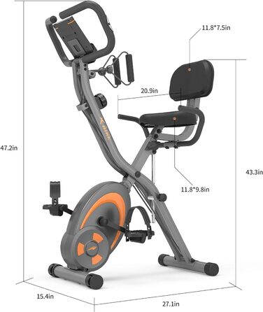LEIKEFITNESS Велотренажер складаний для дому, 12 рівнів навантаження, пульсометр, еспандери, кардіо, сірий
