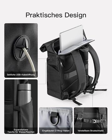 Рюкзак Inateck RollTop 25-30 л з відділенням для взуття, для ноутбука 17'' для чоловіків і жінок, чорний