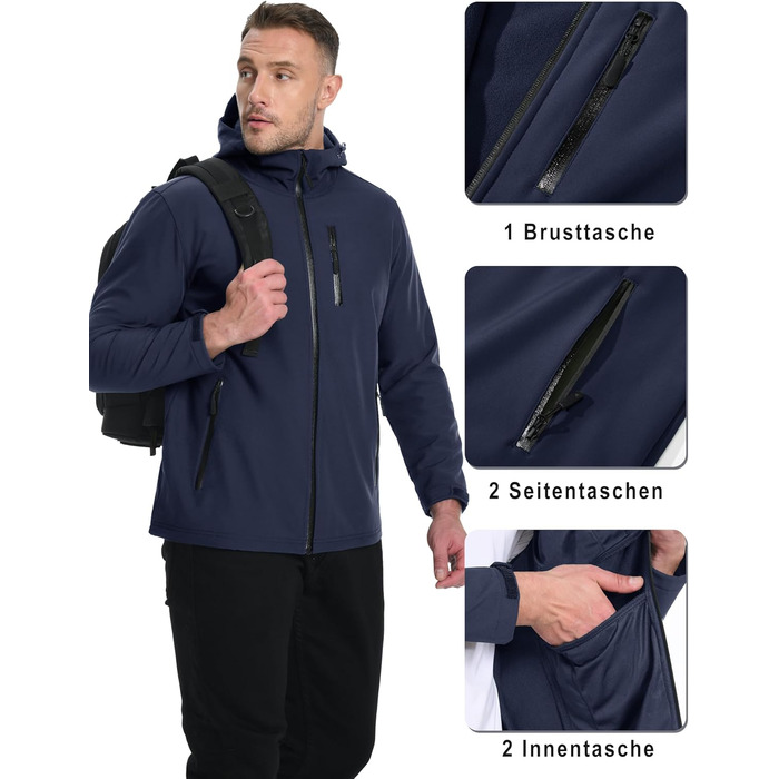 Чоловіча водонепроникна куртка TACVASEN Softshell з флісовою підкладкою, вітрозахисна та дихаюча похідна куртка з капюшоном для роботи та їзди на велосипеді, темно-синя, розмір L