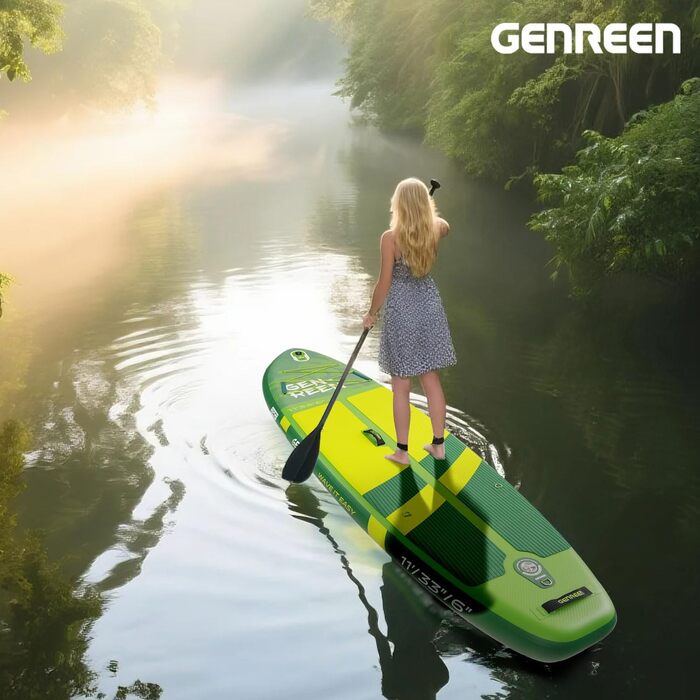Надувне SUP-борд GENREEN (Extra Groß) для всіх рівнів підготовки, 335x86 см, для дорослих, з аксесуарами, з тримачем для камери, 3 фіни, вантажопідйомність до 200 кг (Monstera green)