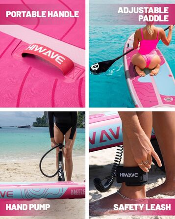 SUP-дошка надувна Hiwave Breeze Pink 335x86x15 см, вантажопідйомність 190 кг, для океану та озера, з 3-частинним регульованим веслом