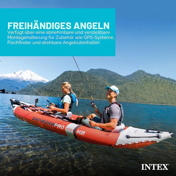 Надувний двомісний каяк INTEX Excursion Pro з веслом 218 см та насосом, SuperTough PVC, з тримачами для вудок та регульованими сидіннями