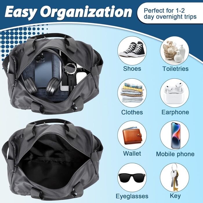 Спортивна сумка Romon для подорожей та тренувань з відділенням для взуття та мокрих речей, чорна, 39 × 23 × 22 см
