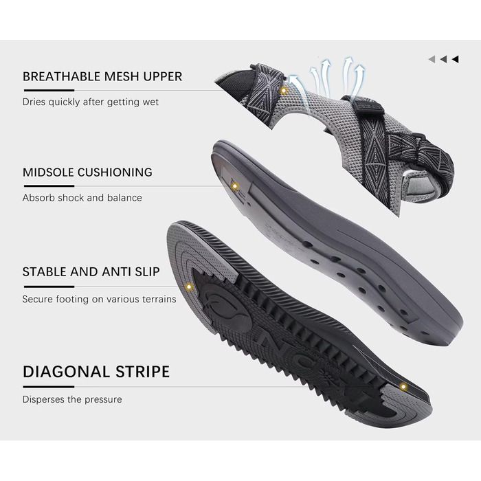 Чоловічі сандалії ONCAI Wandersandalen: сірі сандалії для піших прогулянок, пляжу та водних видів спорту з регульованими ремінцями, розмір 48 EU