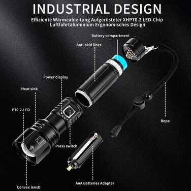 Ліхтар LED Azyvum P70-kit: надпотужний, 1000000 люмен, тактичний, водонепроникний IP67, 5 режимів, для кемпінгу, риболовлі, туризму та надзвичайних ситуацій
