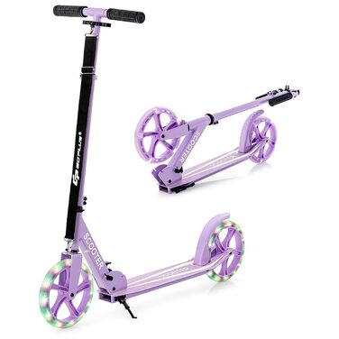 Дитячий трюковий самокат GOPLUS Roller Kinder 10 років, 3-ступенева регулювання висоти, легкий алюмінієвий, складний, з LED-колесами, гальмом на задньому колесі, ременем та підставкою, до 100 кг (фіолетовий)