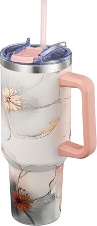 Термофляга THILY з нержавіючої сталі з кришкою та трубочкою, 1.2 л, спортивна, подвійні стінки, широке горлечко, зберігає холод/гарячість цілий день, колір Лавандовий сон (P40 - Ніжне золото, модель A: міцний ручка + компактна основа)