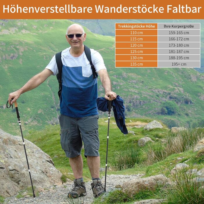 Складні трекінгові палиці для ходьби та трекінгу, телескопічні палиці для жінок та чоловіків, легкий алюміній, регулювання 115-135 см, ручки з корку, 4 гумові накладки