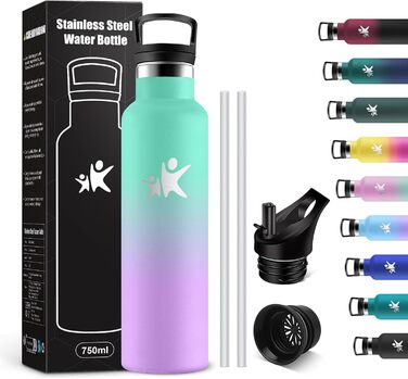 Термос-пляшка KollyKolla 750 мл, для води та газованих напоїв, з трубочкою, без BPA, з подвійними стінками, ізольована, для школи, подорожей, кемпінгу, блакитний + темно-синій