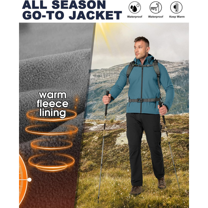 Чоловіча водонепроникна вітровка-софтшелл Jacke Herren 4XL блакитна. Куртка для туризму та активного відпочинку з капюшоном