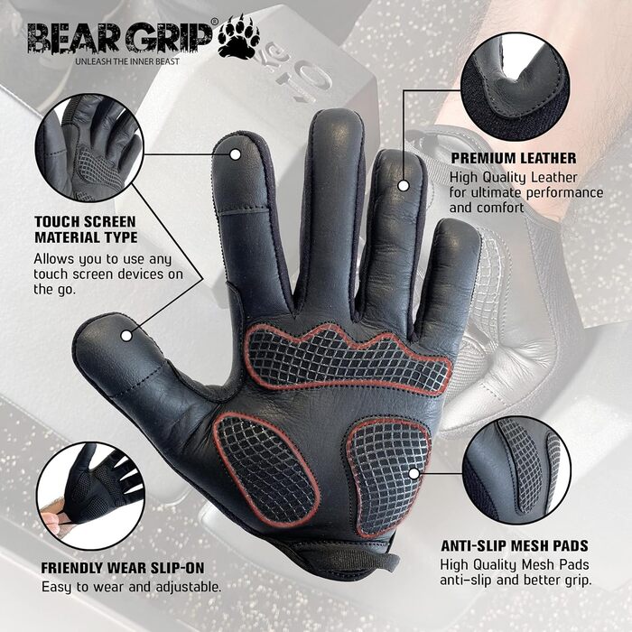 Рукавички для важкої атлетики BEAR GRIP з гелевою подушкою (XL) - для тренажерного залу, бодібілдингу, кросфіту, велоспорту