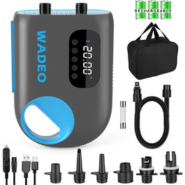 Електрична повітряна помпа SUP з акумулятором 18000mAh, WADEO 20 PSI, LED-ліхтар, швидка зарядка 110V/12V, автовимкнення, для SUP, човнів, каяків, наметів, матраців