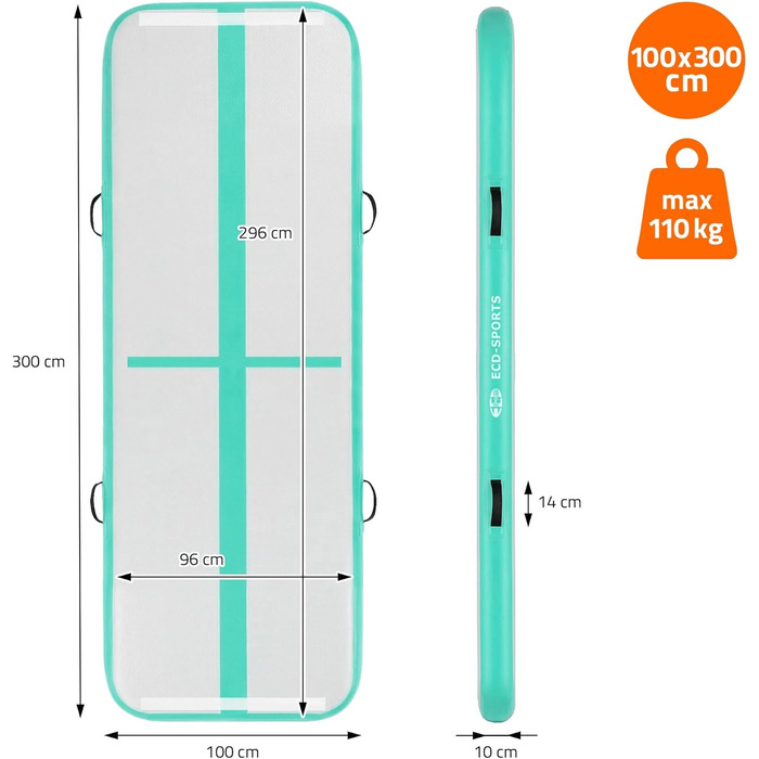 Надувний гімнастичний мат Airtrack ECD Germany для тамблінгу та фітнесу, 300 x 100 x 10 см, м'ятно-зелений (з електричним насосом та сумкою)