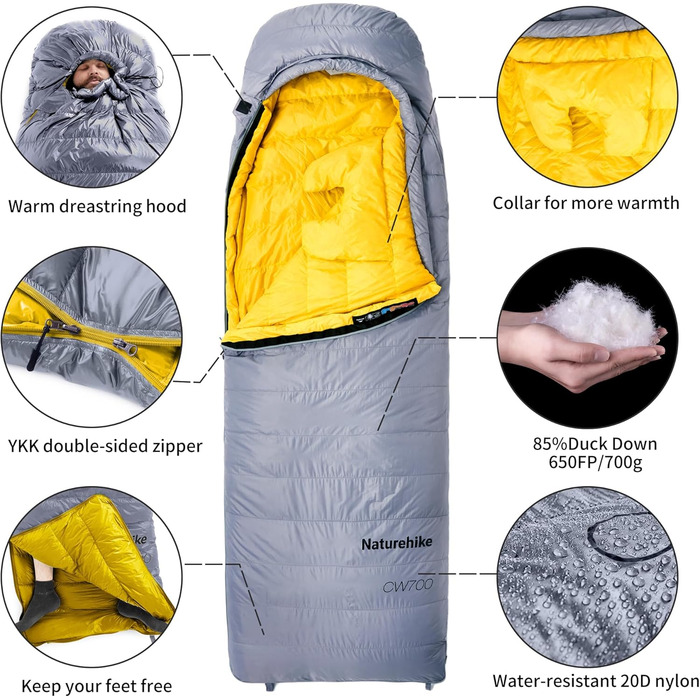 Спальний мішок Naturehike 750FP, 4 сезони, теплий зимовий, ультралегкий, для кемпінгу (CW700/Сірий/L)