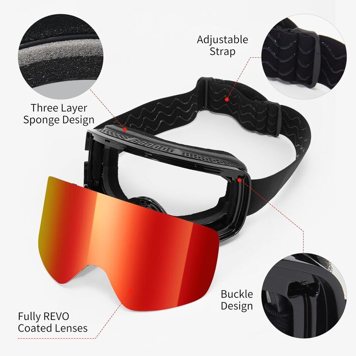 Скі-маска JQF Gear для унісекс YH227 з захистом від запотівання, анти-ковзаючим ремінцем, UV-захистом та регулюванням. Скі-окуляри для сноубордингу та катання на лижах, REVO покриття, червоно-чорний колір (VLT16%)