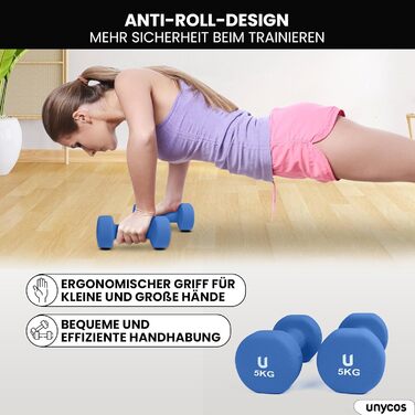 Гантелі неопренові Unycos 2 шт. 1-10 кг, короткі, антиковзаючі, для фітнесу, силових тренувань, пілатесу, дому (#07 Синій, 2 x 5 кг, круглі)