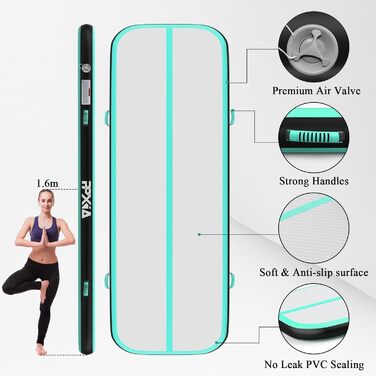 Гімнастична мат Air Matte Track 3M/4M/5M/6M, мат для стрибків та гімнастики 10/20см заввишки з повним аксесуаром, надувна гімнастична мат для дому та вулиці, йога (М'ятно-чорний, 400*100*10см)