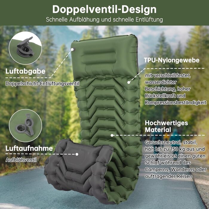 Килимок для кемпінгу Hausprofi Isomatte: ультралегкий надувний килимок з насосом та подушкою, для туризму, пляжу, відпочинку на природі, армійного кольору