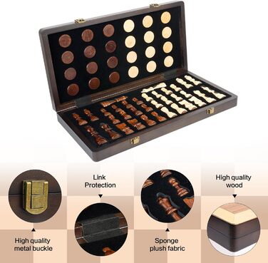 Набір шахів та шашок з дерева 15 дюймів, класичні складані ігри з фетровим внутрішнім відділенням для зберігання, 2 додаткові відсіки для фігурок шашок та шахів