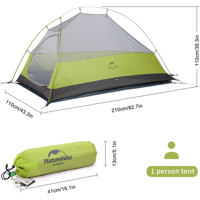 Намет Naturehike Cloud Up 1 - Ultralight, 1-місний, 4-сезонний, зелений (20D Upgrade)